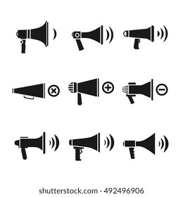 Megaphone and loudspeaker, audio speaker, volume vector icons. Control power sound button illustration