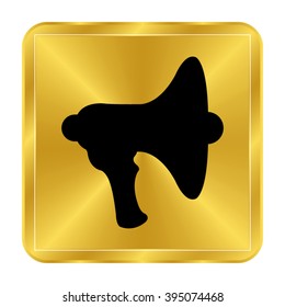 Megaphone; loudspeaker - black vector icon;  gold button