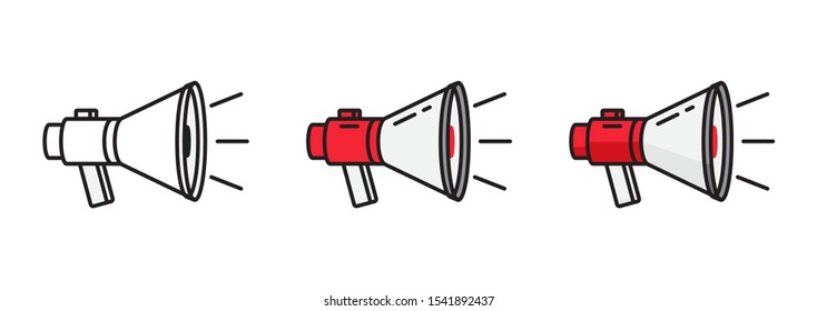 Megaphone, loudspeaker, bullhorn icons. Line, outline flat style symbols. Megaphone symbols for announcement. Loudspeaker icon for voice message. White isolated background. Flat vector illustration.