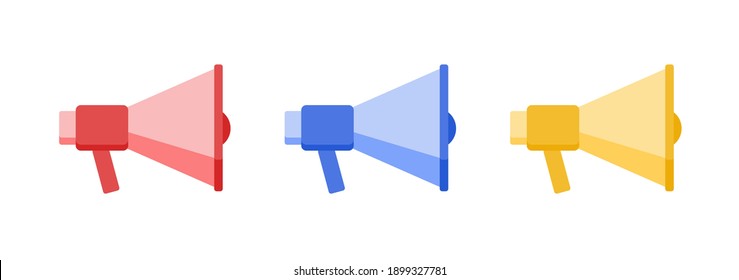 Megaphone, loudspeaker, bullhorn icons. Line, outline flat style symbols. Megaphone symbols for announcement. Loudspeaker icon for voice message. White isolated background. Flat vector illustration.