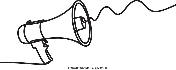 Desenho de linha contínua em megafone ou alto-falante. Ilustração de arte de linha única de dispositivo de comunicação para anúncios altos. Conceito de promoção de marketing de publicidade de fala pública e transmissão de notícias importantes. Esboço vetorial minimalista da ferramenta de amplificação de voz vintage. Representação artística de fazer declaração ou chamar atenção.