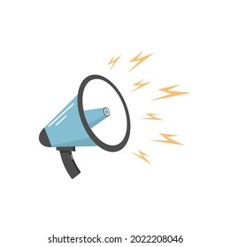 Megáfono o altavoz llano ruidoso con un icono relámpago aislado en fondo blanco. Símbolo de noticias, redes sociales, promoción, difusión, marketing. Vector