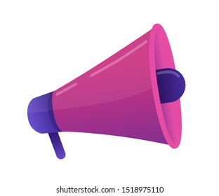 Megaphone, loudspeaker flat vector illustration. Purple bullhorn, violet speaking trumpet isolated on white background. Public announcement, promotion, social protest symbol. Protester, promoter tool