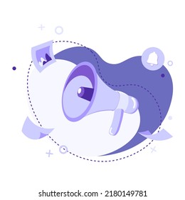 Megaphone or loudspeaker flat vector illustration with icons on abstract background. Advertising concept, join us, vacancy, notification and announcement. Can be used for web banner, app or flyer
