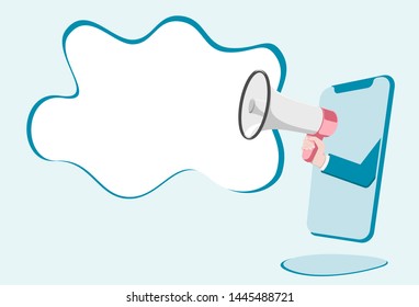 Megaphone or loudspeaker in hand inside smartphone. Announcement element. Social online marketing. Vector illustration in flat style