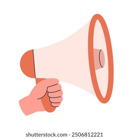 Megaphone, loudspeaker in hand. Sound horn for broadcasting, advertising, alert, alarm, announcement. Vector illustration in flat style