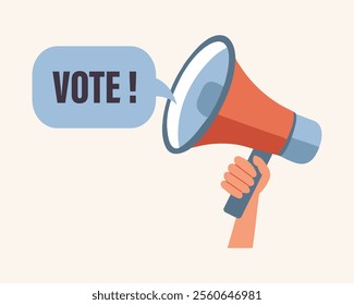 Megaphone, loudspeaker in hand. Voting and elections campaign concept. Flat style illustration