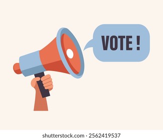 Megaphone, loudspeaker in hand. Voting and elections campaign concept. Flat style illustration