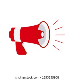 Megaphone loudspeaker icon isolated on white background. Red loud speaker sign for announce, hot news, advertising. Flat design cartoon style coming soon news announcement horn vector illustration.