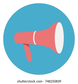Megaphone Or Loudspeaker Icon On Round Blue Background Flat Vector Illustration