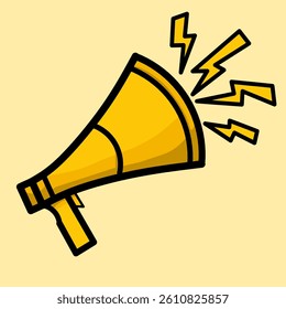 Megaphone loudspeaker linear vector icon, bright yellow megaphone with sound waves emanating