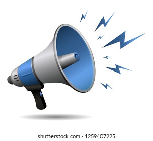 Megaphone or Loudspeaker noisy blue realistic with lightning icon isolated on white background. Symbol of news, social media, promotion, broadcasting, marketing and etc. Vector illustration