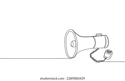 Megaphone, loudspeaker one line art. Continuous line drawing of broadcasting, speaker, loudspeaker, advertising, bullhorn, loud, announce, sound, shout, protest, communication, information, public