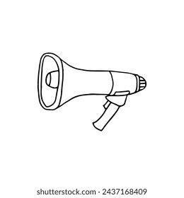 Megaphone, loudspeaker - a pipe in the shape of a truncated cone. Doodle. Vector illustration. Hand drawn. Outline.