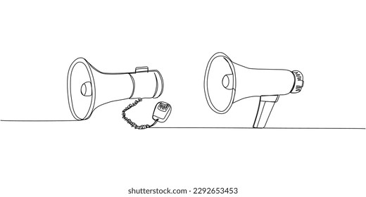Megaphone, loudspeaker set one line art. Continuous line drawing of broadcasting, speaker, loudspeaker, advertising, bullhorn, loud, voice, shouting, shout, protest, communication, information, public