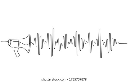 Megaphone, Loudspeaker With Sound Wave. Continuous One Line Drawing. Vector Illustration