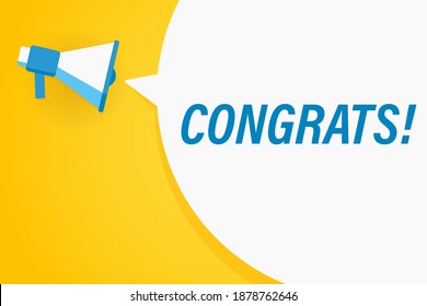 Megáfono o altavoz con burbuja de habla y felicitaciones por citar. Cartel de comunicación de promoción. Ilustración del vector