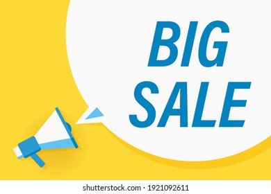 Megáfono o altavoz con burbuja de habla y cita una gran venta. Cartel de comunicación de promoción. Ilustración del vector