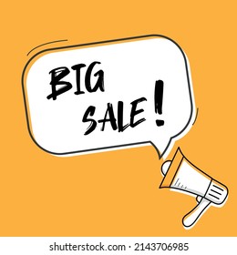 Megáfono o altavoz con burbuja de habla y cita una gran venta. Cartel de comunicación de promoción. Ilustración del vector