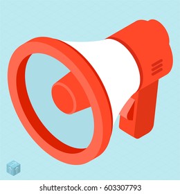 Maqueta de icono móvil de diseño plano aislado isométrico vectorial de megáfono. Firma y símbolo de mensaje, alerta, propaganda, publicidad, anuncio de atención, comunicación pública.  
