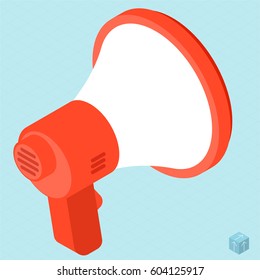 Maqueta de icono móvil de diseño plano aislado isométrico vectorial de megáfono. Firma y símbolo de mensaje, alerta, propaganda, publicidad, anuncio de atención, comunicación pública.  