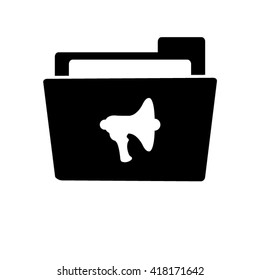Megaphone; loudspeaker - white vector icon;  black folder