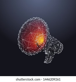 Megaphone. Low poly wireframe marketing blue background or concept with hand loudspeaker. Vector illustration. Online or digital marketing. Abstract polygonal image of speaker with color light.