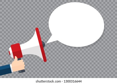 Megaphone. Male hand holding megaphone. Loudspeaker. Banner for business, marketing and advertising. Vector illustration.