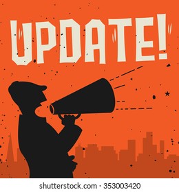 Megaphone Man, business concept with text Update, vector illustration
