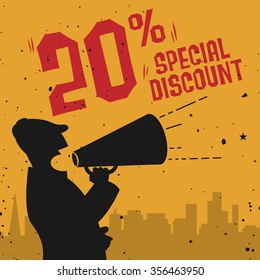 Megaphone Man, business concept with text Special Discount, vector illustration