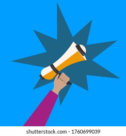 Megáfono en mano humana - fondo abstracto - vector.
