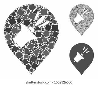 Megaphone map marker mosaic of abrupt parts in different sizes and color tones, based on megaphone map marker icon. Vector humpy parts are united into mosaic.