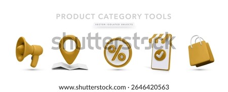 Megaphone, map marker, percent icon, mobile shop screen, and shopping bag. Vector illustration for product category tools, marketing, discounts, navigation, and mobile commerce interface.