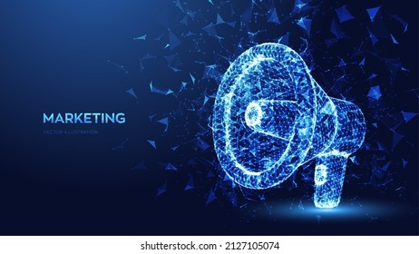 Megaphone. Marketing concept. Abstract 3d megaphone, loudspeaker made of polygons, triangles, points and lines. Online or digital marketing low polygonal wireframe blue background. Vector illustration