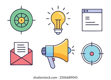 Megaphone and marketing concept colorful linear icons. color offset line icons flat color outline vector sign collection illustration set on white background