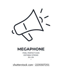 Megaphone and marketing concept editable stroke outline icon isolated on white background flat vector illustration. Pixel perfect. 64 x 64.