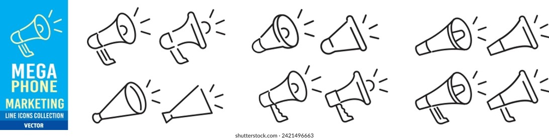 Megaphone Marketing Loudspeaker Volume Sound Advertising Announcement editable stroke linear icon collection vector illustration