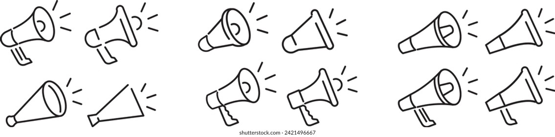 Megaphone Marketing Loudspeaker Volume Sound Advertising Announcement editable stroke linear icon collection vector illustration