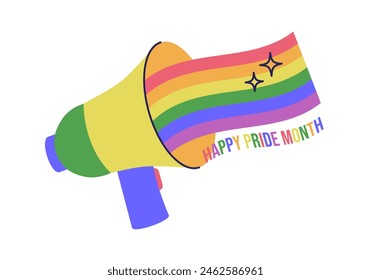 Megaphone with meaning of rainbow LGBTQ flag. Happy Pride Month. Colorful bullhorn LGBT icon. Vector illustration isolated on white background