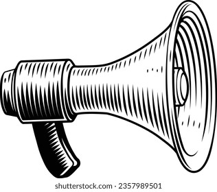 A megaphone or mega phone bullhorn bull horn in a woodcut vintage engraved style