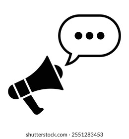 Megaphone with message vector icon. Chat speech bubble pictogram. Message marketing symbol. Black silhouette isolated on white background.