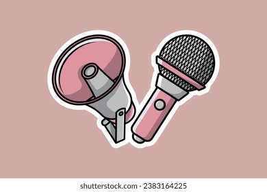 Ilustración vectorial Megaphone y Microphone Speaker Sticker. Diseño de concepto de tiempo de marketing. Anuncio diseño de icono de objeto de etiqueta adhesiva de altavoz.