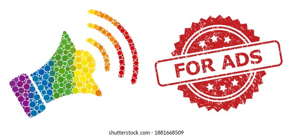 Megaphone mosaic icon of round elements in variable sizes and LGBT color shades, and For Ads rubber rosette seal imitation. A dotted LGBT-colored Megaphone for lesbians, gays, transgenders,