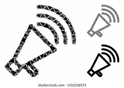 Megaphone mosaic of irregular pieces in different sizes and color tinges, based on megaphone icon. Vector raggy pieces are organized into collage. Megaphone icons collage with dotted pattern.