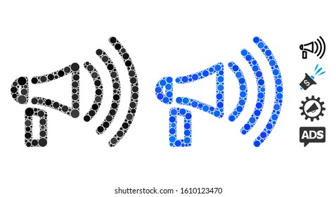 Megaphone mosaic of small circles in different sizes and color hues, based on megaphone icon. Vector filled circles are composed into blue mosaic. Dotted megaphone icon in usual and blue versions.