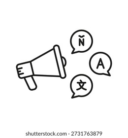 Megaphone With Multilingual Speech Bubbles Line Icon. Language Translation, Global Communication, And Multilingual Marketing Outline Symbol. Editable Stroke. Isolated Vector Illustration.