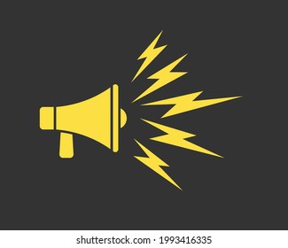Megaphone music flat style icon shape symbol. Voice sound speech logo silhouette sign. Grunge stamp. Vector illustration image. Isolated on white background.	