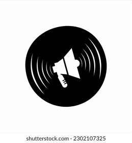 Megaphone music flat style icon shape symbol with music disc. Vector illustration image. Isolated on a white background.