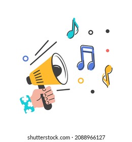 Megaphone with music notes, lines, bubbles. Human hand holding loudspeaker. Concept for message, advertisement, announcement. Vector. Flat cartoon style.