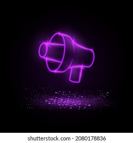Megaphone neon linear icon. Promotion conceptual purple neon icon on black background with grain shadow